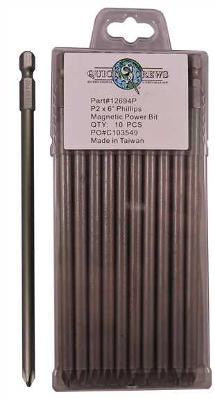 Quickscrews P2 x 6" Power Bit Magnetic 10/Box