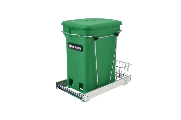 Chrome Wire Bottom Mount Waste Pullout with Single Green 6 Gallon Compo and Container